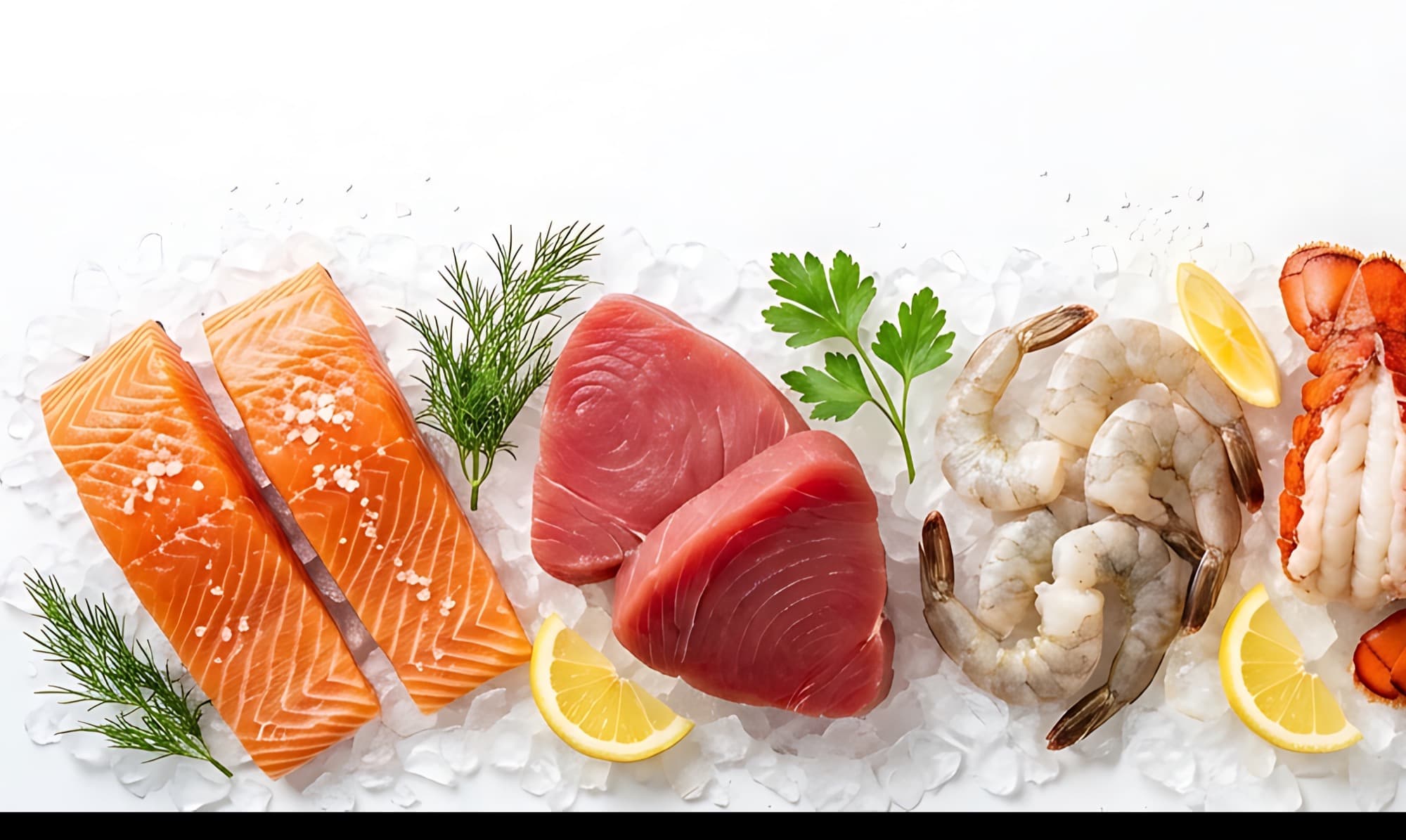 Fresh salmon, tuna, shrimp, and lobster tails on ice