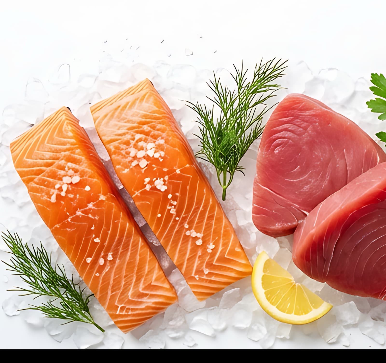 Fresh salmon fillets and yellowfin tuna steak on crushed ice
